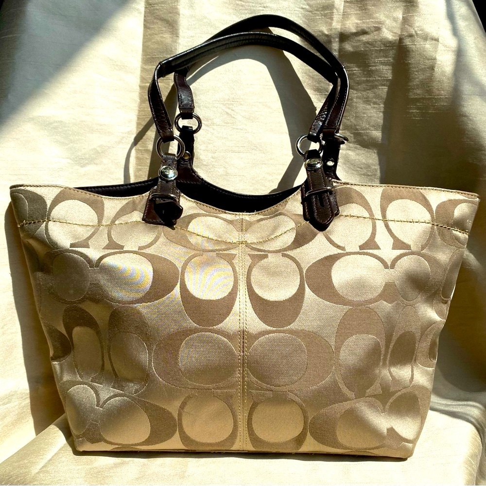 Coach tan cream Monogram Tote Bag with Leather handles